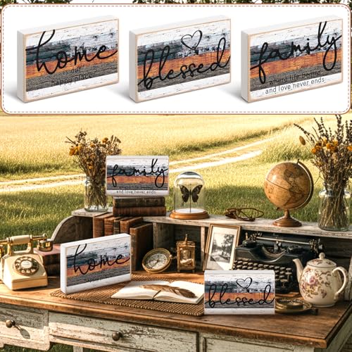 Jetec 3 Pcs Family Home Blessed Rustic Wood Sign Mini Heart Wood Decorative Sign Farmhouse Wood Decor Table Decorations Sign for Bedroom Kitchen Living Room Table Decor - color: Multicolor, size: 4.25 x 2.76 x 0.59 in