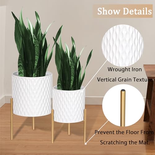 ARNIS Plants Pots with Stand, Set of 2 P lanters, Unique Mid Century Decorative Metal Flower Pots with Drainage, 8.25 & 10.5 Inch, White and Gold - color: Glossy White, size: 8.25 &10.5