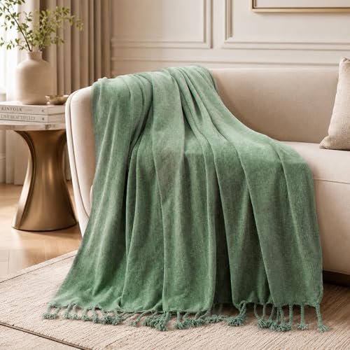 BATTILO HOME Sage Green Chenille Throw Blanket for Couch, Soft Cozy Textured Knit Throw Blanket with Handmade Fringe Tassels, Lightweight Decorative Farmhouse Blanket for Sofa Bed Chair, 50"x60" - color: Sage Green