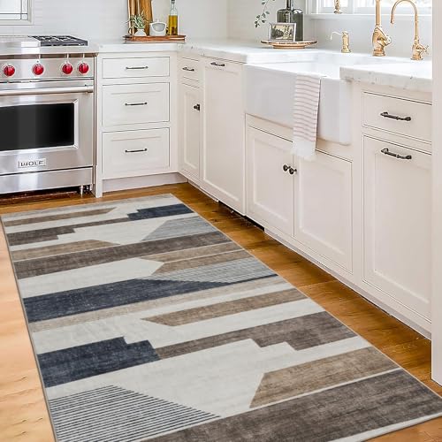 ReaLife Rugs Machine Washable Area Rug Runner - Living Room Bedroom Bathroom Kitchen Entryway Office - Non-Slip Baking Low Pile Stain Resistant Premium - Modern Geometric - Theo - Beige 2'6" x 6' - color: Theo - Beige, size: 2'6" x 6' (Rectangular)