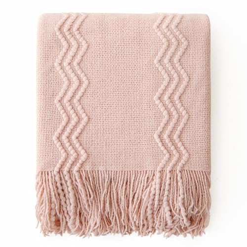 MIULEE Light Pink Knitted Throw Blanket for Couch Bed, Boho Textured Cozy Woven Decorative Farmhouse Blanket with Tassels for Sofa Chair Living Room 50"x60" - color: Pink, size: 50" x 60"