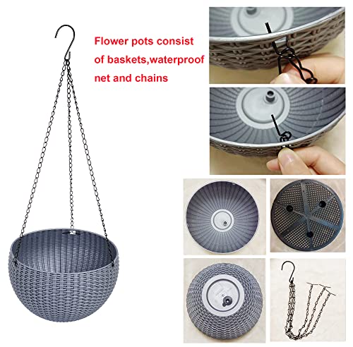 Hanging Basket Plastic Flower Pot Round Resin Garden Hanging Planter for Indoor Outdoor Plants 2 Pack Grey - color: 8 Inch Grey