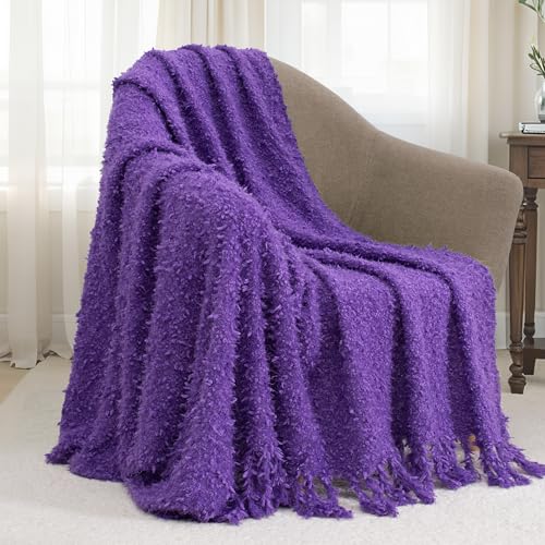 Winter Knit Throw Blanket Fluffy Fuzzy Soft Lightweight Cozy Farmhouse Tassels Chunky Knitted Throws for Couch Sofa Bed (Purple, 50"x60") - color: Purple, size: 50"x60"