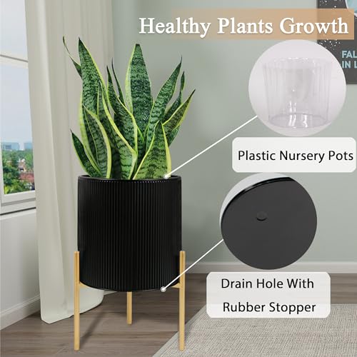 ARNIS Modern Plant Pots, Set of 2 Round Large Planters with Stand, Large Size Metal Pots with Drainage Holes for Living Room, Office, Garden or Balcony, 10.5 &12.25 Inch, Black & Gold - color: Black, size: 10.5 &12.25