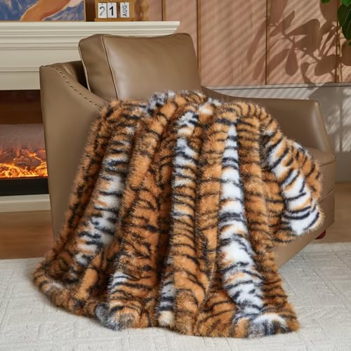 Luxury Fluffy Faux Fur Throw Blanket,Thick Fluffy Silky Fuzzy Cozy Blanket,Plush Blankets for Couch, Sofa, Chair, Bed-Tiger Print Brown-50 * 60inch - color: Tiger Print Brown, size: Throw (50" x 60")