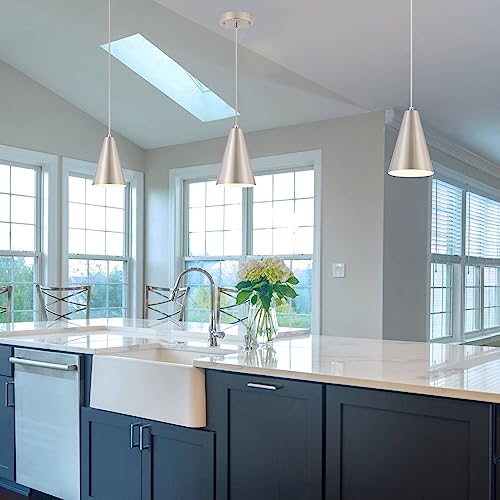 Brushed Nickel Pendant Lights Kitchen Island,Dining Room Light Fixtures Over Table 3 Pack with Silver Cone Metal Shade, Modern Farmhouse Small Chandeliers,Adjustable Cord Hanging Lighting for Sink - color: 3Pack Brushed Nickel