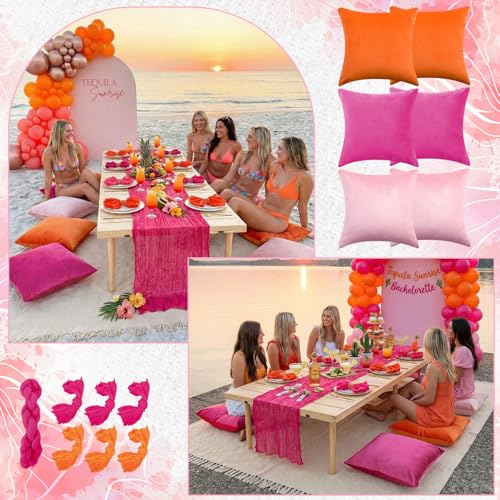 Beeveer 91 x 71 Extra Large Outdoor Boho Picnic Blanket with Tequila Table Runner, 6 Throw Pillow Covers 6 Napkins Woven Cotton Yarn Oversize Beach Blanket Washable Picnic Camp Wedding - color: Tequila