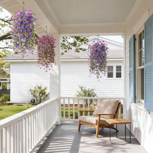 INQCMY Artificial Hanging Flower Baskets for Spring Outdoor Decoration Fake Plants UV Resistant Faux Silk Daisy with Eucalyptus Leaves Realistic Look for Home Porch Patio Yard - color: Deep Purple