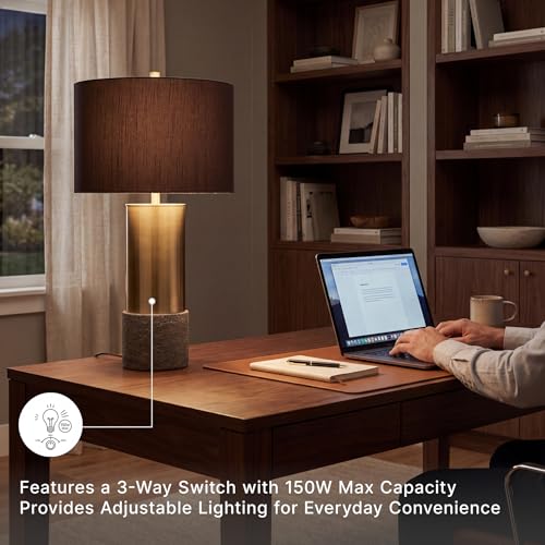 Signature Design by Ashley Jacek Contemporary Table Lamp, 2 Count, 3 Way Switch, Metal, Poly Resin and Drum Shade, 15" W x 15" D x 27.25" H, Gray & Brass Finish - color: Gold