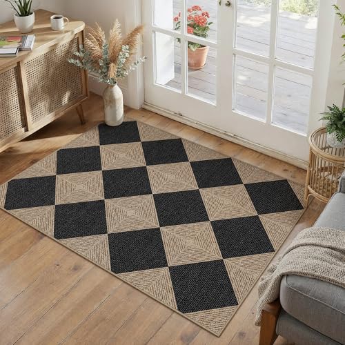 PureCozy 2x3 Checkered Easy Jute Kitchen Front Doormat Non Slip Washable Neutral Area Rug Textured Diamond Non Shedding Low Pile Black Checkerboard Floor Carpet for Farmhouse Entryway Porch Doorway - color: Black Textured|checkerboard-1, size: 2' x 3' (Re