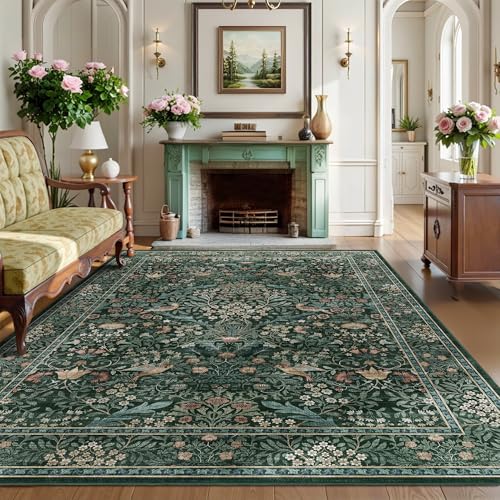 5x7 Floral Washable Area Rug for Living Room, Vintage Boho Rugs for Bedroom Dining Room, Botanical Birds Non Slip Low Pile Forest Throw Carpet for Farmhouse Office, Retro Green/Blue - color: Dark Green (Larger Pattern), size: 5' x 7' (Rectangular)