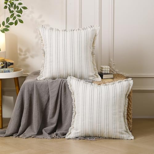 Set of 2 Striped Throw Pillow Covers 18x18 Inch, Boho Linen Blend Pillow Cases with Tassel Fringe, Black White Stripe Decorative Covers with Hidden Back Zipper for Couch Farmhouse Home Decor