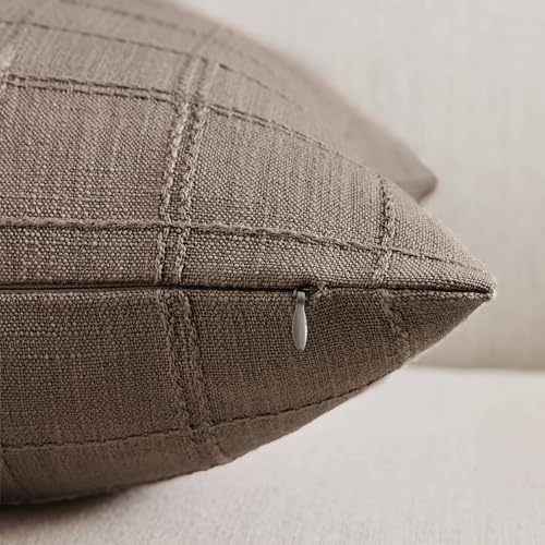 ZeeMart Linen Checked Throw Pillow Covers Set of 2, 18x18 Inch Allover Grid Cocoa Brown, Farmhouse Decorative Double Sided Grid Embroidered Couch Pillow Cases Brown Cotton Linen Cushion Covers - color: Allover Grid Cocoa Brown, size: 18" x 18" (Pack of 2)