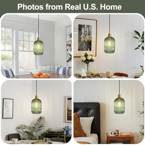 2 Pack Pendant Lights with Vintage Green Ribbed Glass Lampshade, Adjustable Brushed Gold Pendant Lights Fixtures for Kitchen Island Lighting Sink, Dining & Living Room Hallway (Bulbs Not Included) - color: 2 Pack Brushed Gold + Green Glass