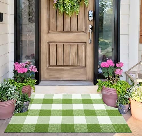 Layered Doormat 24''x35'' Green and White Buffalo Plaid Porch Mat Cotton Woven Washable Carpet for Layered Doormat Hello/Welcome Door Mat,Kitchen,Farmhouse,Entryway - color: Green Buffalo, size: 24''x 35''
