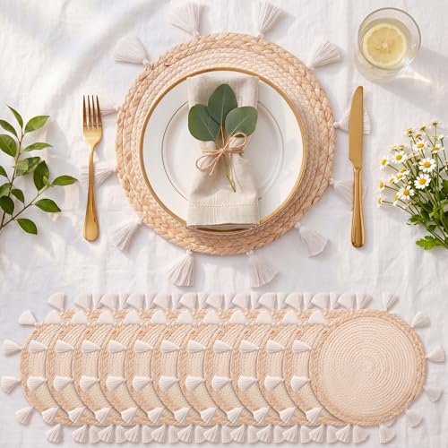 12 Pcs Round Boho Placemats 12 Inch Woven Wicker Placemat Boho Wall Basket Decor Macrame Table Mats Farmhouse Style Wall Hanging Decor for Dining Table Settings Kitchen Wedding Summer Decors