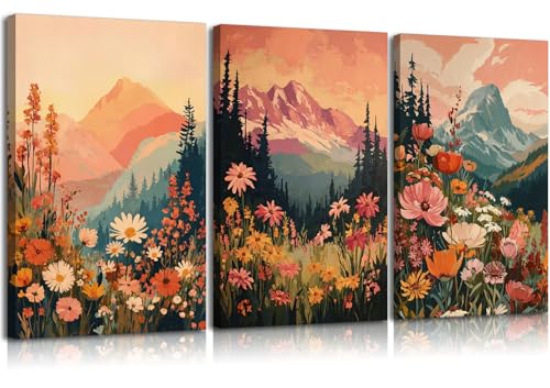 3Pcs Boho Mountain Canvas Wall Art Vintage Wildflower Mountains Poster Prints Abstract Nature Sunset Landscape Picture Botanical Paintings Artwork Wall Decor for Living Room Bedroom 12x16in Framed - color: Boho, size: 16"L x 12"W