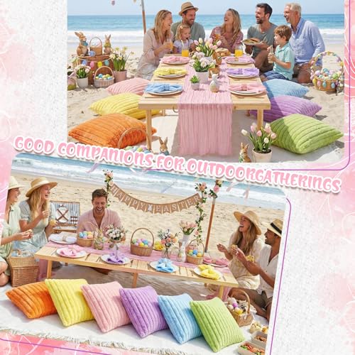 Beeveer 91 x 71 Extra Large Outdoor Boho Picnic Blanket with Pastel Table Runner, 6 Throw Pillow Covers 6 Napkins Woven Cotton Yarn Oversize Beach Blanket Washable Picnic Camp Wedding - color: Pastel