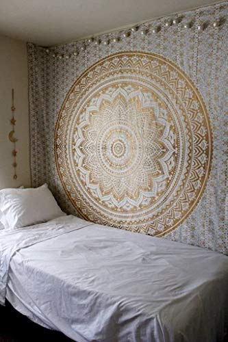ANJANIYA Ombre Wall Hanging Bohemian Tapestry, Metallic Wall Art Bedspread, Psychedelic Hippie Mandala Dorm Décor for Hanging, Bedding, Beach Coverlet Curtain, Gold, 54"X60" - color: Gold, size: 60"L x 54"W