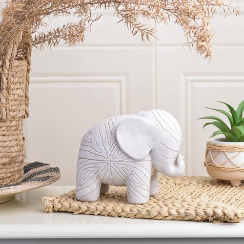 Small Elephant Statue,Boho Textured Animal Elephant Figurine Decor Ornament, Good Luck Resin Elephant Gifts for Women,Tabletop Home Decoration for Shelf Living Room Bedroom Office-White - color: White