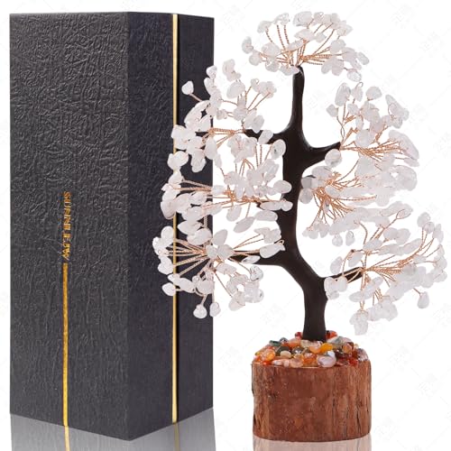 Clear Quartz Crystal Tree of Life for Home, Office, and Desk Decor，Handmade Bonsai for Clearity, Healing Crystals Money Tree，Perfect Concentration Gifts for Mom and Sister Friend - color: White
