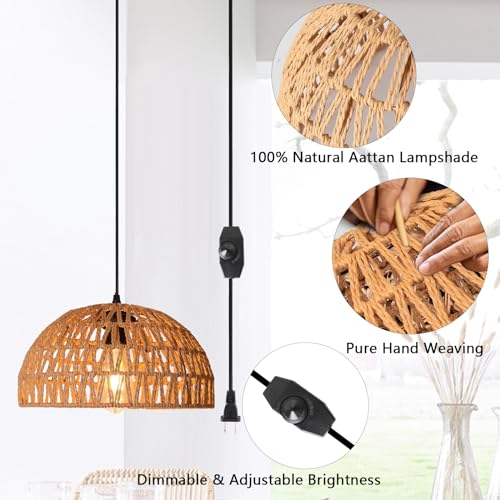 HuisMier Rattan Hanging Lamp Plug in Pendant Light with 15 Ft Plug in Cord, Wicker Woven Basket Lampshade Hanging Light with Dimmable Switch, Boho Plug in Pendant Light for Kitchen Farmhouse Bedroom - color: Rattan Natural