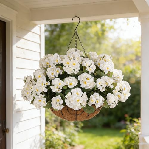 INSPRING Geraniums Artificial Flowers Hanging Basket for Outdoors Outside Spring Decoration, 8 Bundles Silk Flowers Fake Plants Look Real UV Resistant for Porch Home Patio Balcony Yard, White - color: White