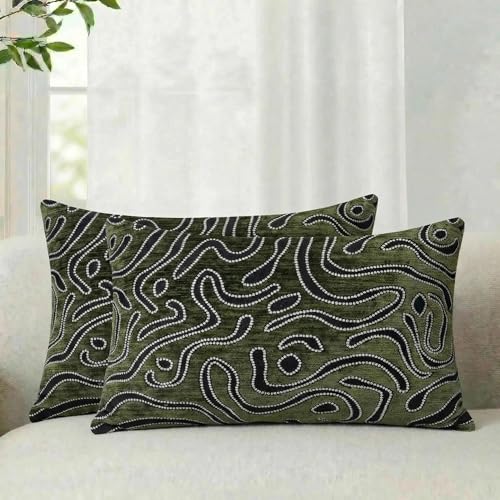Mantle & Mason Lumbar Pillow Covers 12x20 Set of 2, Chenille Modern Abstract Throw Pillow Covers, Olive Green Luxury Textured Decorative Pillow Cover for Couch Sofa Bed Office - color: Artflow Forest Green, size: 20" x 12" (Pack of 2)
