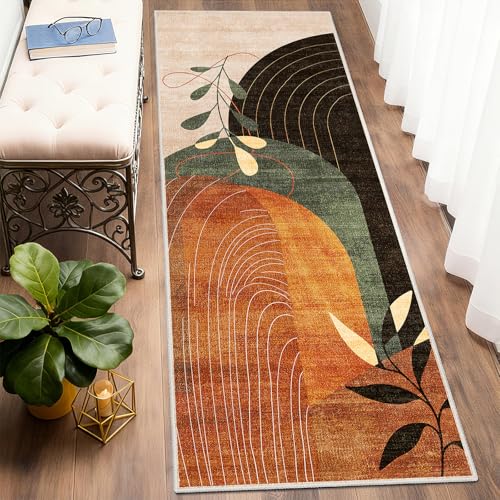 MUJOO Washable 2x6 Runner Rugs for Kitchen Hallway Bedside Bathroom Laundry Room Bedroom Floor,Boho Long Area Rug Non Slip Carpet Throw Rug Mid Century Modern Abstract Botanical Geometric Terracotta - color: Terracotta（modern）, size: 2' x 6' (Rectangular)