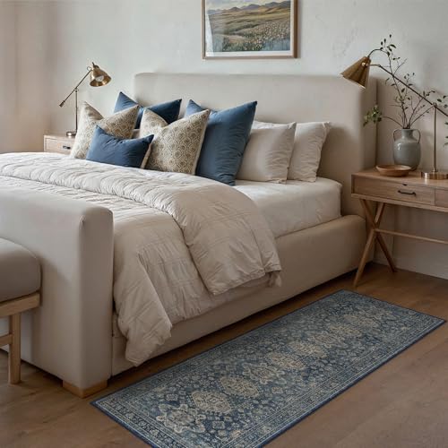 Bavni Washable Runner Rug 2x6, Non Slip Hallway Rug, Vintage Aesthetic Thin Low Pile Washable Carpet for Kitchen Bedroom Entryway, Blue - color: Blue, size: 2' x 6' (Rectangular)