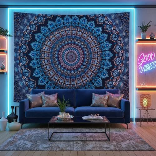 Motanber Blue Mandala Tapestry Wall Hanging Vintage Medallion Tapestry Aesthetic Hippie Boho Floral Cool Cute Large Tapestries for Bedroom Living Room Dorm Wall Decor 80 x 60 Inch - color: Navy Blue, size: 80"L x 60"W