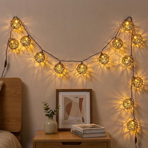 Vigdur Rattan Ball String Lights, Boho Lantern String Lights with 10 Led Bulbs Connectable, Indoor Outdoor String Light for Bedroom Wedding Garden Party Backyard Decor, 9.84FT - color: White