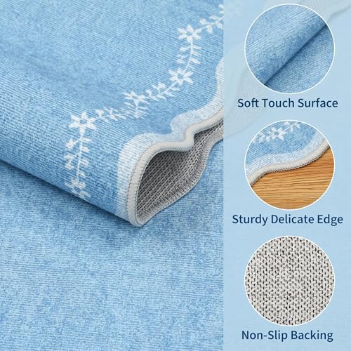 GarveeHome 2x6 Scalloped Washable Runner Rug for Kitchen, Soft Blue Hallway Runner Non Slip Entryway Rug Farmhouse Thin Laundry Mat Stain Resistant Carpet for Bedroom Bathroom Beside Rug - color: Baby Blue, size: 2' x 6' (Rectangular)