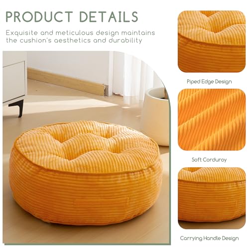 HIGOGOGO 8" Extra Thick Floor Pillow Cushion for Adults, Meditation Cushion Pillow, Large Round Floor Sitting, Tufted Corduroy Cover, for Tatami Living Room or Yoga, 22x22 Inch, Orange - color: Round Orange, size: 8" Thick(Pack of 1)