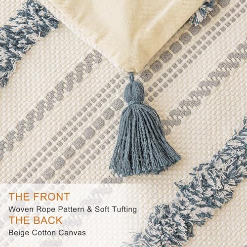 Boho Throw Pillow Covers 18x18 Set of 2 Woven Tufted Farmhouse Pillows Cover with Tassels Textured Striped Cushion Case Neutral Pillow Cases Decorative Pillowcase for Sofa, Couch, Bed, Dark Blue - color: Dark Blue, size: 18" x 18" (Pack of 2)