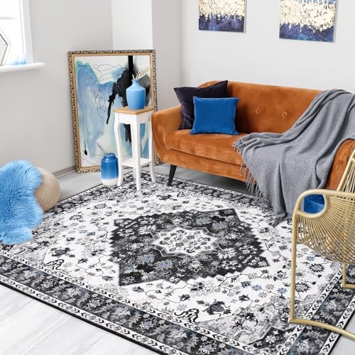 Amearea Vintage Design Area Rugs for Living Room, 4x6 Machine Washable Floral Collection Traditional Bedroom Rug, Low Pile Cute Kids Room Print Carpet, No Slip Office Kitchen Home Decor, Black - color: Black, size: 4' X 6' (Rectangular)
