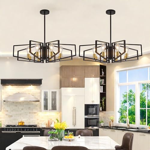Black and Gold Chandelier, 8-Light Farmhouse Dining Room Light Fixture, Geometric Pendant Lights Kitchen Island, Modern Industrial Chandelier for Living Room, Bedroom, Foyer, Stairway, Entryway - color: 01-Black and Gold-8 Lights