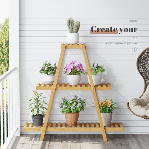 STDDRE Plant Stand For Indoor Outdoor Tiered Plant Shelf 3 Tier 8 Potted Bamboo Flower Holder Ladder Rack For Multiple Triangle Table Plant Pot Stand (Natural) - color: Natural
