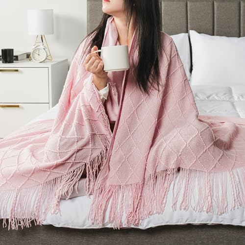 PAVILIA Light Pink Knit Throw Blanket for Couch, Twin Bed, Soft Knitted Farmhouse Sofa Throw for Living Room, Lightweight Decorative Summer Blanket for Chair, Outdoor Textured Boho Blanket, 60x80 - color: Blossom Pink, size: 60 X 80 Inches - Twin