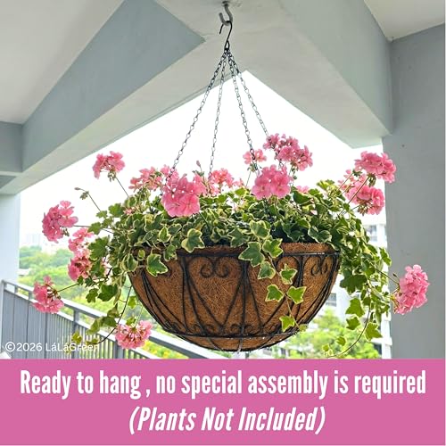 LaLaGreen Hanging Baskets for Plant Outdoor (18 Inch, 2 Pack) Large Black Metal Wire Hanging Planter with Coco Liner Round Flower Pot Hook Holder Hanger Deck Porch Modern Garden Balcony Country Decor - size: 18" x 2 Pack