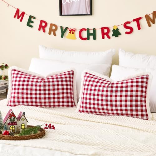 Red and White Christmas Plaid Lumbar Pillow Covers 12x20 Set of 2 with Tassels, Red Gingham Winter Holiday Lumbar Pillow Covers 12 x 20, Christmas Outdoor Pillows for Porch and Patio (Woven Fabric) - color: Lumbar Red & White (With Tassels), size: 20" x 1