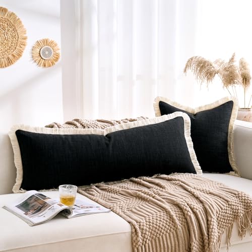 Boho Pillow Covers 14x36 Inch Black Rectangular Pillow Cover Farmhouse Pillowcase Faux Linen Long Body Pillow for Bedroom Living Room Couch Sofa Home Décor Pack of 1 - color: Black, size: 36" x 14" (Pack of 1)