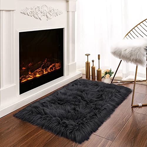Latepis Black Fur Rug for Bedroom Throw Rugs 2x3 Faux Sheepskin Rug Washable Fluffy Shag Rugs Carpet for Cushion Pet Mat Room Décor Rectangle - color: Black, size: 2' x 3' (Rectangular)