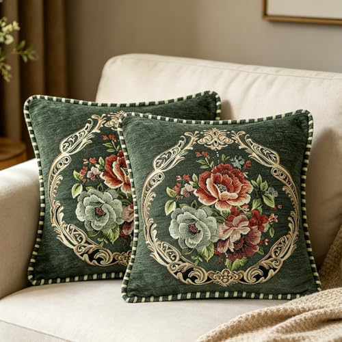 2Pcs 18x18 in Spring Green Vintage Embroidered Throw Pillow Covers for Sofa Couch,Green Cushion Headboard Pillow Euro Sham Covers for Living Room,Bedroom - color: Green