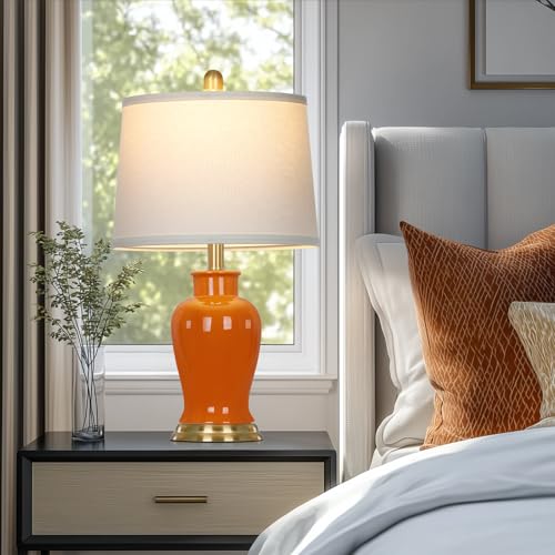 Ruzectt Orange Ceramic Lamps Set of 2, 23" Modern Table Lamps for Living Room, Stylish Bedroom Ginger Jar Lamps, Elegant Bedside Lamp for Night Stand Desk Side End Table Home Decor(Bulbs Included) - color: Orange