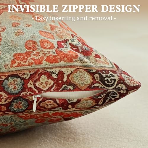 Boho Soft Velvet Throw Pillow Covers 12x20 in Vintage Persian Aztec Rug Tribal Pattern Pillowcases, Antique Ethnic Decor, Geometric Pattern Cushion Cover for Sofa Living Room, Orange, 2 Pack - color: Orange, size: 20" x 12" (Pack of 2)