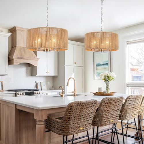 Rattan Chandelier for Dining Room, 5-Light Large Farmhouse Chandeliers Hand Woven Boho Pendant Light Fixture, 19'' Brushed Nickel Wicker Chandelier for Foyer Hallway Bedroom Kitchen Living Room - color: 5-Light Nickel