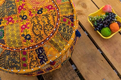 THE ART BOX Cotton Patchwork Vintage Pouf Covers (14x22 Inches, Cover Only) Boho Embroidered Bean Bag Seating Ottoman Kids Stool Decorative Chair Bohomian Home Décor - color: Yellow, size: 22"D x 22"W x 14"H