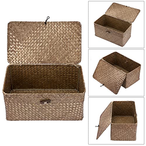 Hipiwe Wicker Shelf Baskets Bin with Lid, Handwoven Seagrass Basket Storage Bins Rectangular Household Basket Boxes for Shelf Wardrobe Home Organizer, Coffee Medium - color: Coffee, size: Medium