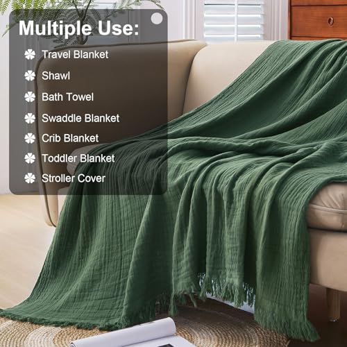 Cotton Muslin Throw Blanket with Tassels, Lightweight Woven Gauze, Pre-Washed Breathable Farmhouse Decor for Bed, Couch, All-Season Use (Olive Green, 50" x 60") - color: Olive Green, size: 50" x 60"